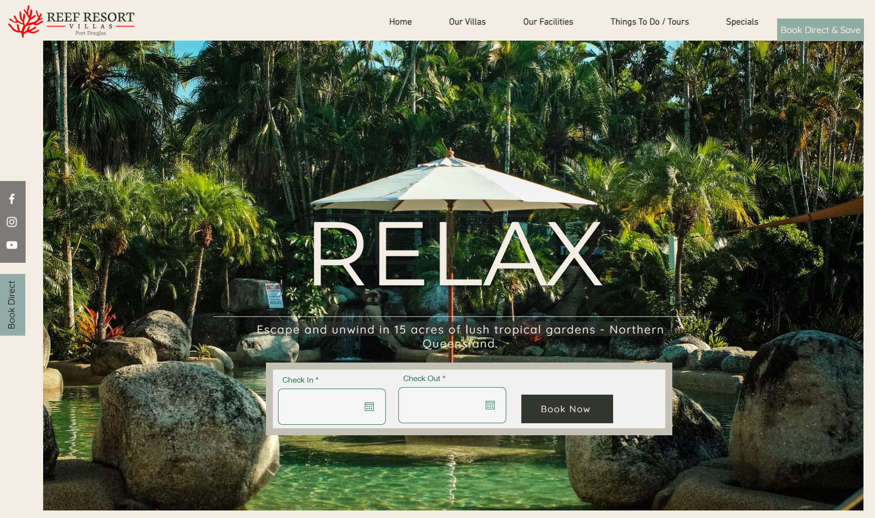 Reef Resort Villas homepage with booking widget